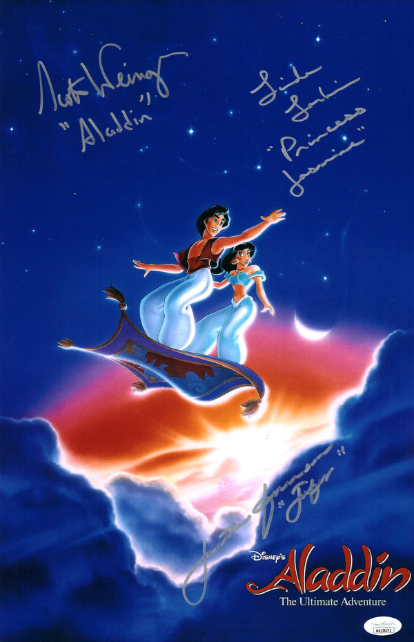 Disney's Aladdin 11x17 Cast x3 Signed Photo Poster Freeman Larkin Weinger JSA COA Certified Autograph