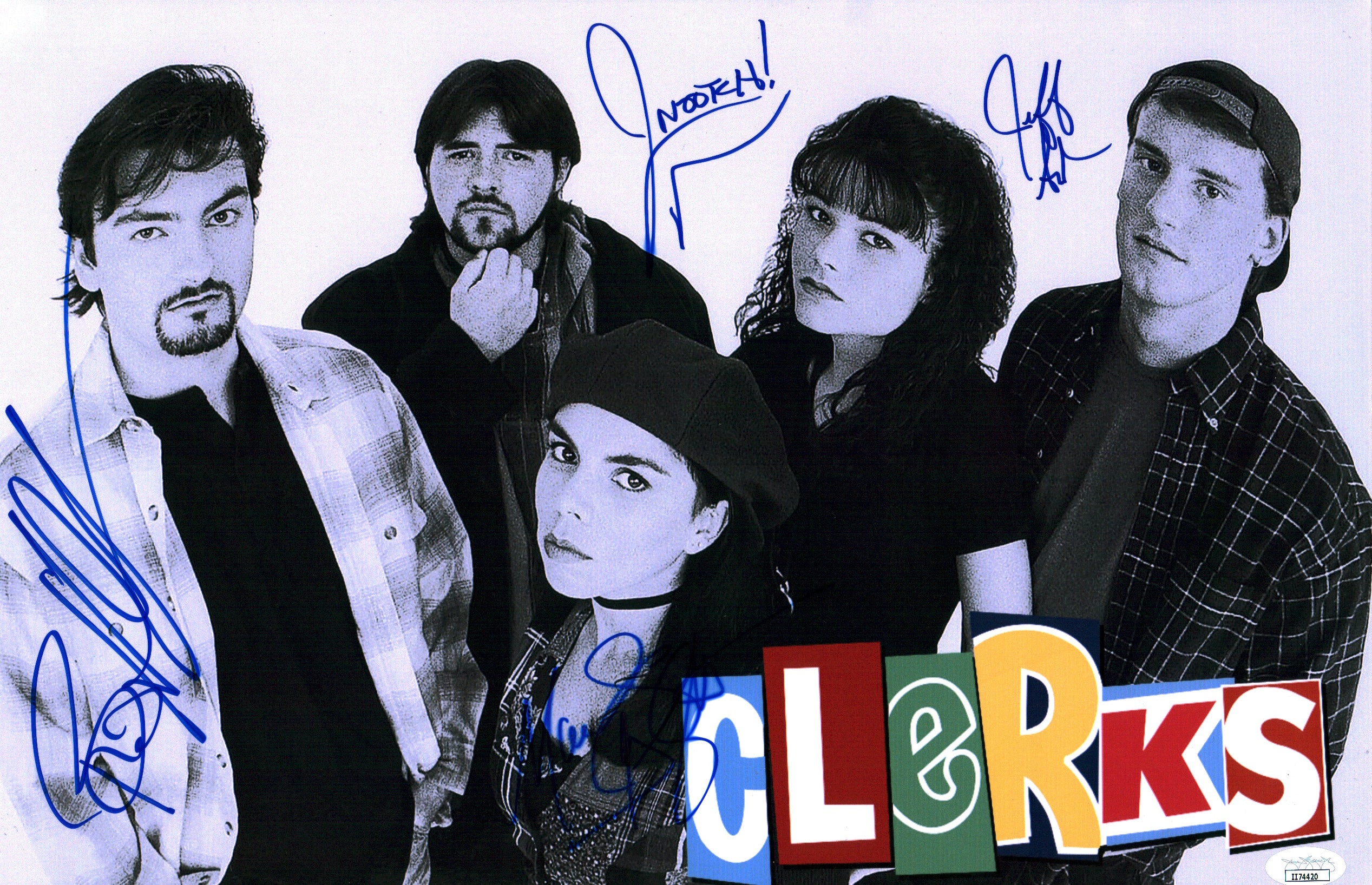 Clerks 11x17 Mini Poster Cast x4 Signed Anderson, Ghigliotti, O'Halloran, Mewes JSA Certified Autograph