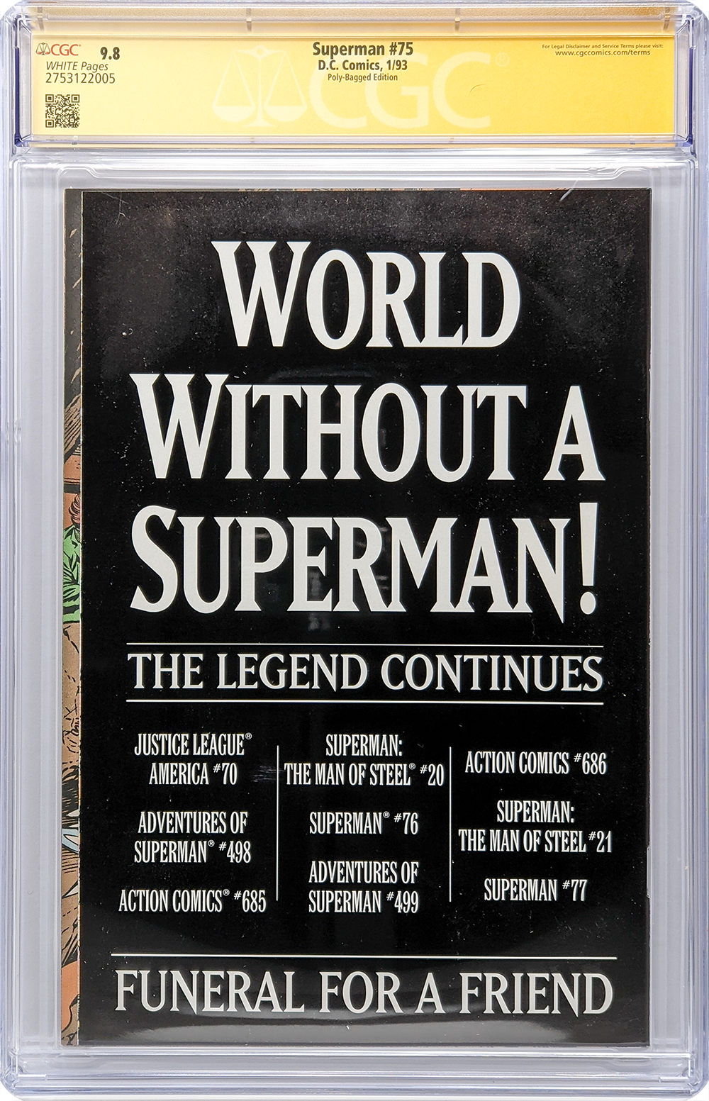 Superman #75 DC Comics CGC Signature Series 9.8 Signed X2 Brett Breeding , Dan Jurgens