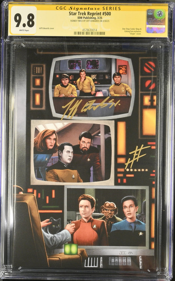 STAR TREK #500 "GARY SEVEN WATCHES" GALAXYCON VARIANT (COLOR) CGC SS 9.8 Signed by: Jeff Edwards