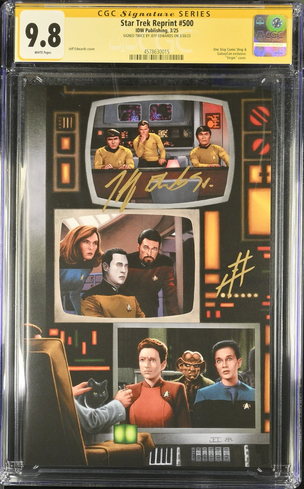 STAR TREK #500 "GARY SEVEN WATCHES" GALAXYCON VARIANT (COLOR) CGC SS 9.8 Signed by: Jeff Edwards