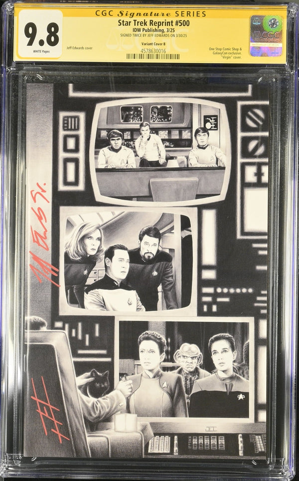 STAR TREK #500 "GARY SEVEN WATCHES" GALAXYCON VARIANT (B/W) CGC SS 9.8 Signed by: Jeff Edwards