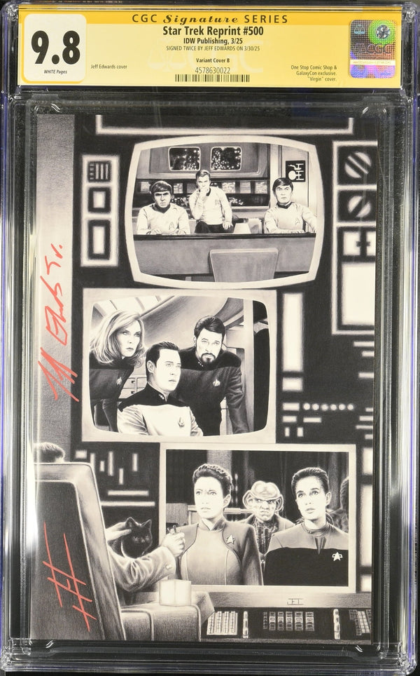 STAR TREK #500 "GARY SEVEN WATCHES" GALAXYCON VARIANT (B/W) CGC SS 9.8 Signed by: Jeff Edwards