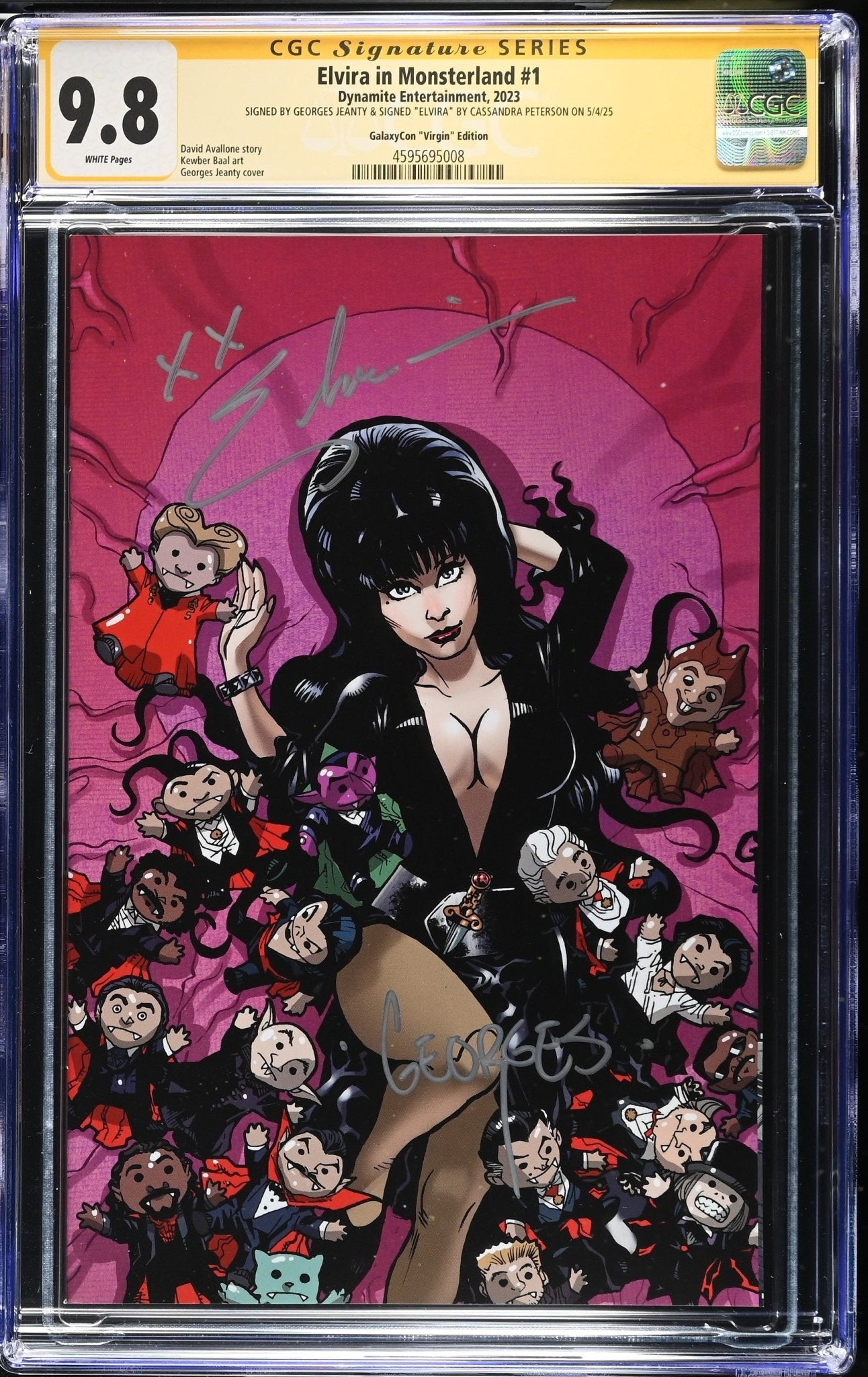 Elvira In Monsterland #1 GalaxyCon Exclusive Virgin Variant CGC SS 9.8 Signed by: Cassandra Peterson & Georges Jeanty