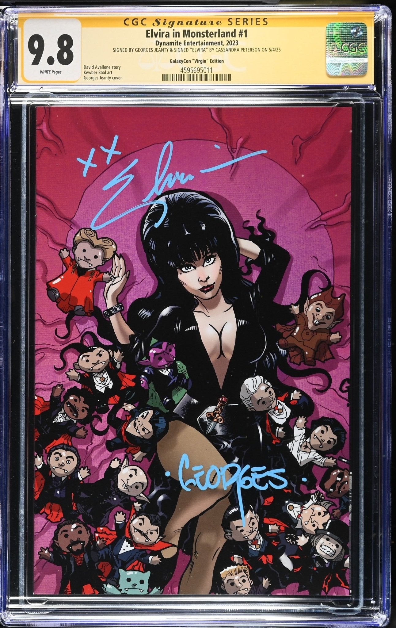 Elvira In Monsterland #1 GalaxyCon Exclusive Virgin Variant CGC SS 9.8 Signed by: Cassandra Peterson & Georges Jeanty