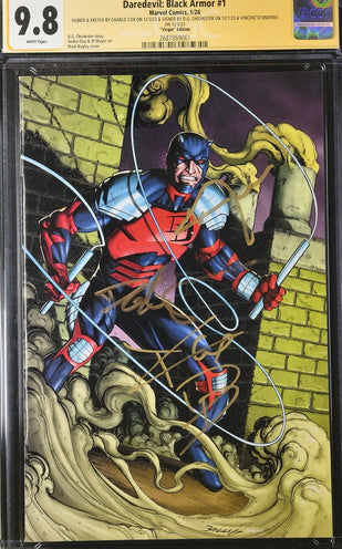 Daredevil: Black Armor #1 Marvel Comics Virgin Edition CGC Signature Series 9.8 Signed & Sketch by Charlie Cox, Signed DG Chichester, Vincent D'Onofrio