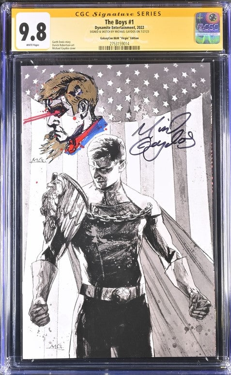 The Boys #1 B&W Dynamite Entertainment CGC Signature Series 9.8 Signed & Sketched Michael Gaydos GalaxyCon