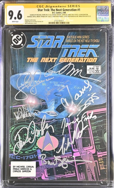 Star Trek: The Next Generation #1 DC Comics 1988 CGC Signature Series 9.6 Cast x9 Signed Dorn, Crosby, Delancie, Burton, Sirtis, Spiner, Frakes, McFadden, Wheaton