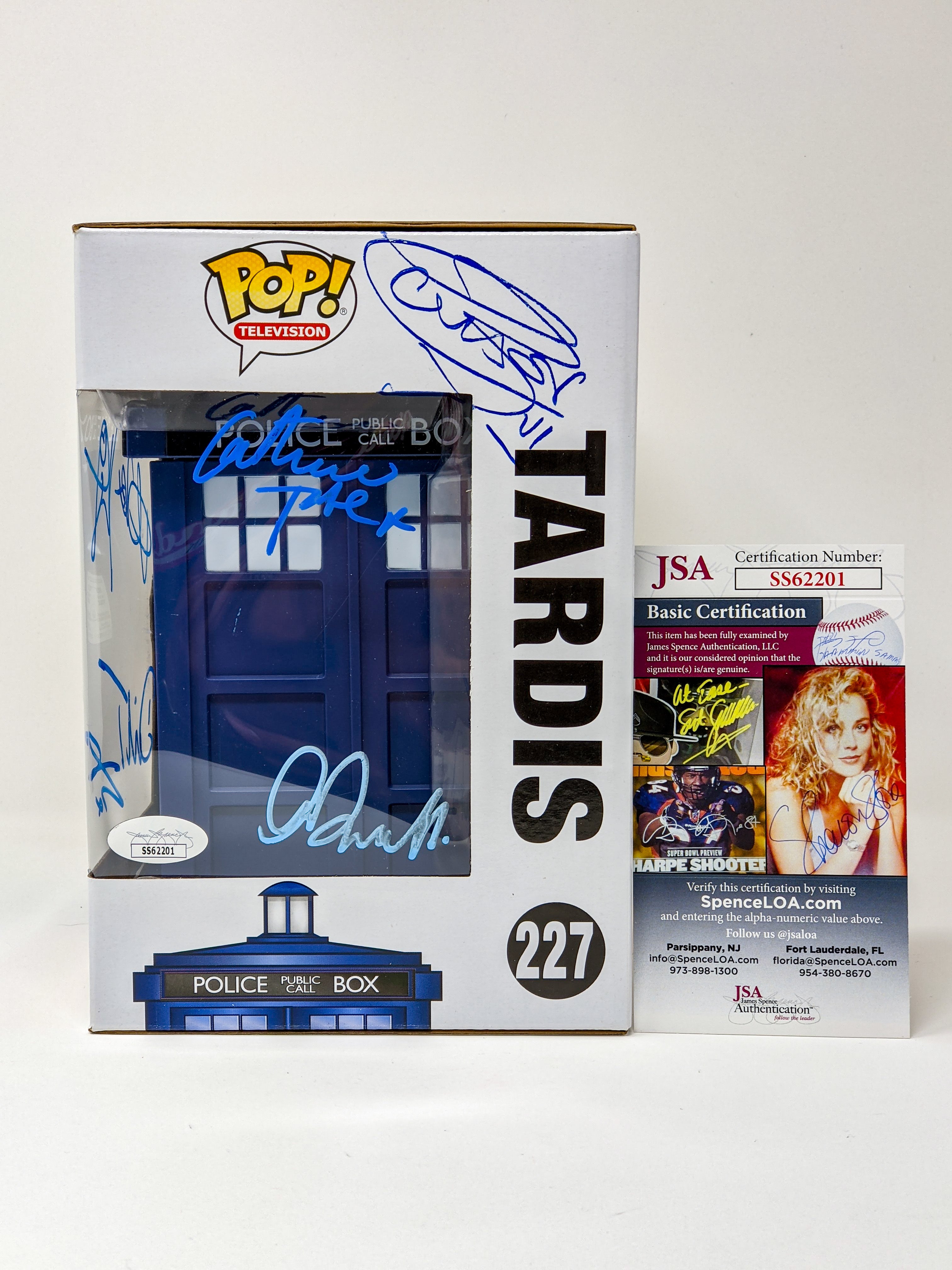 Doctor Who Tardis #227 Signed Funko Pop Cast x5 Kingston, Tennant, Darvill, Baker, Tate JSA Certified Autograph