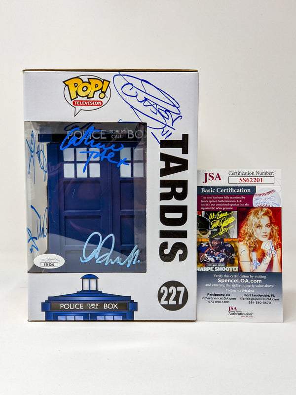 Doctor Who Tardis #227 Signed Funko Pop Cast x5 Kingston, Tennant, Darvill, Baker, Tate JSA Certified Autograph