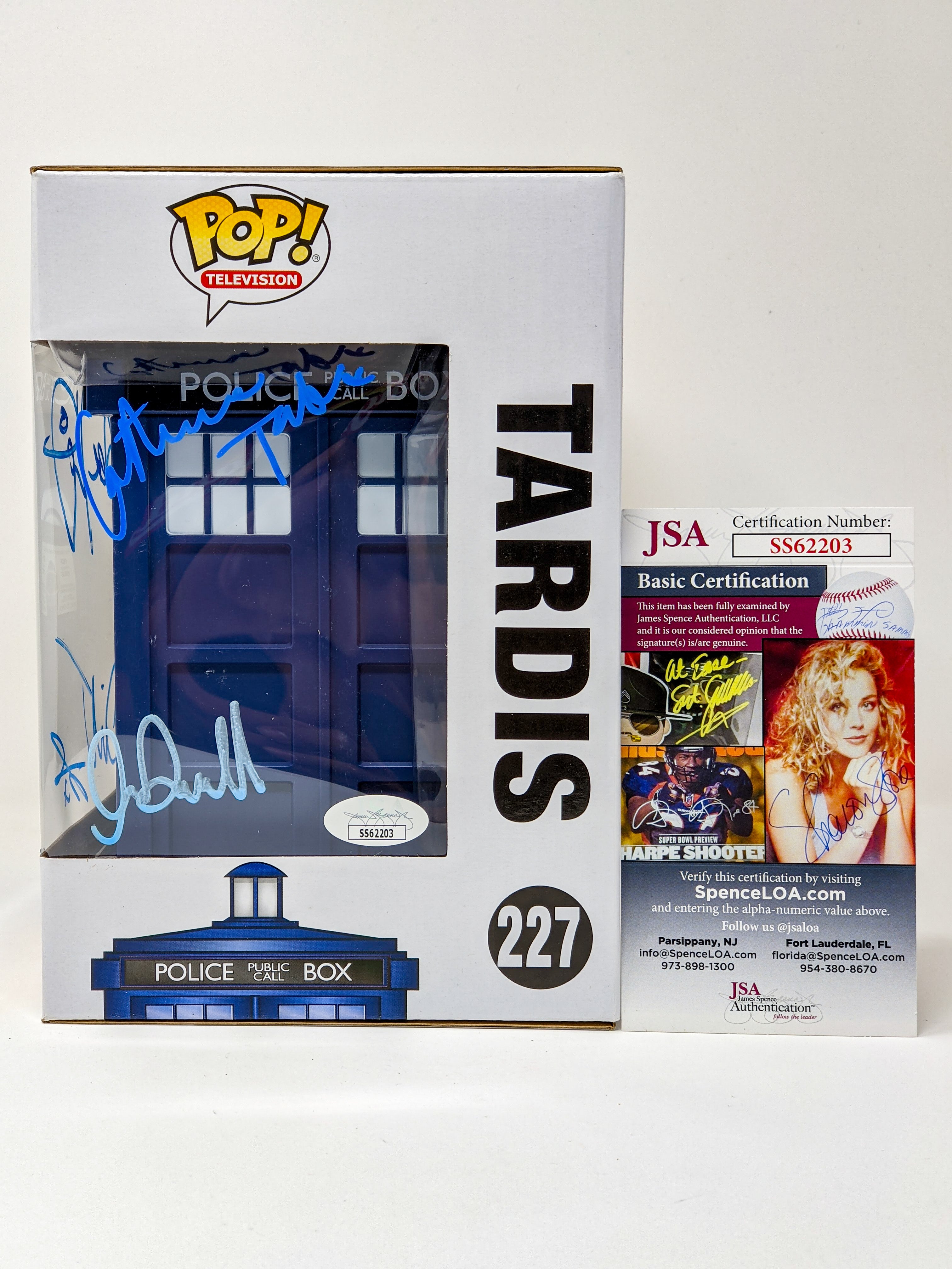 Doctor Who Tardis #227 Signed Funko Pop Cast x5 Kingston, Tennant, Darvill, Baker, Tate JSA Certified Autograph