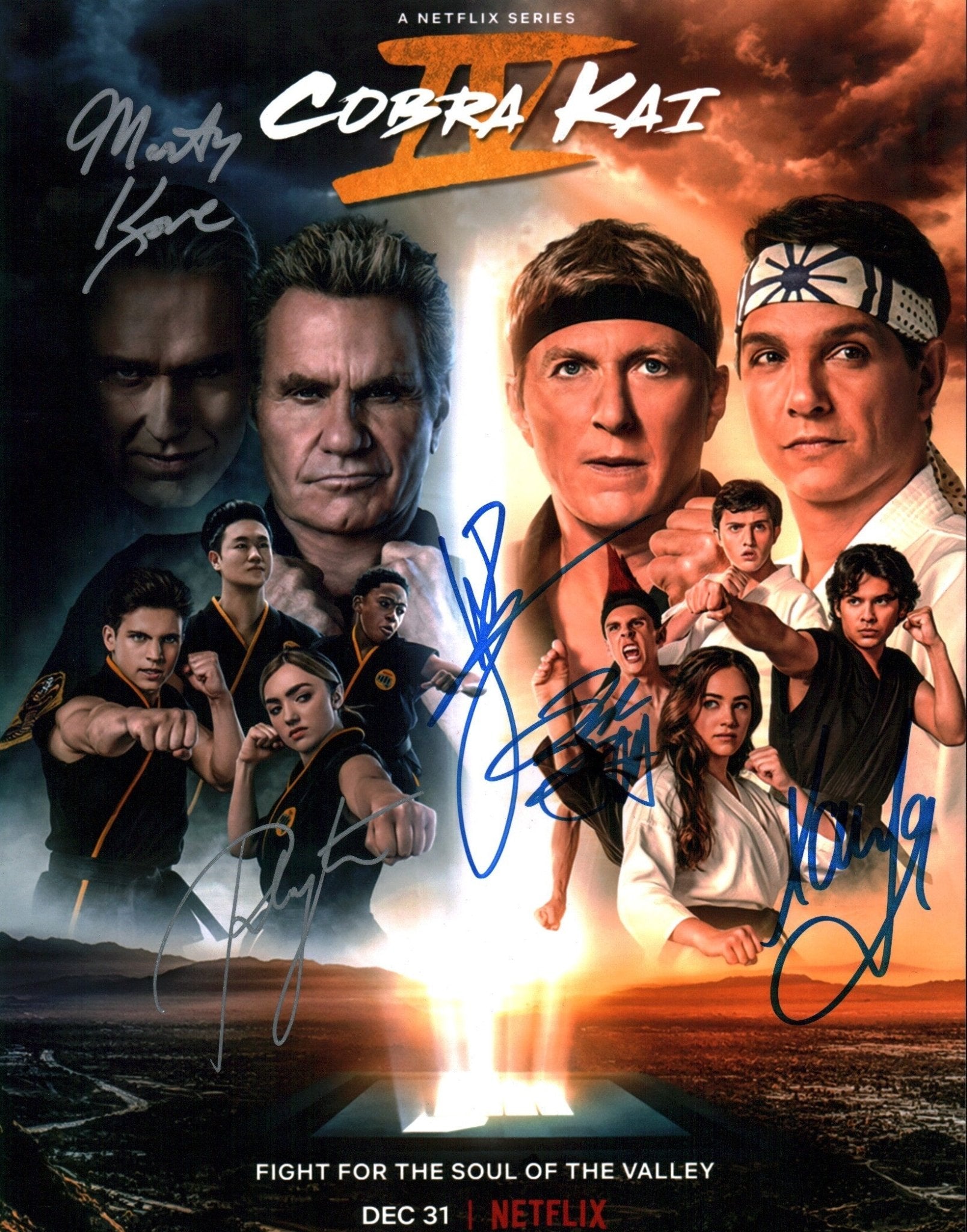 Cobra Kai 11x14 Photo Poster Cast x5 Signed List, Bertrand, Kove, Mariduena, Zabka JSA Certified Autograph