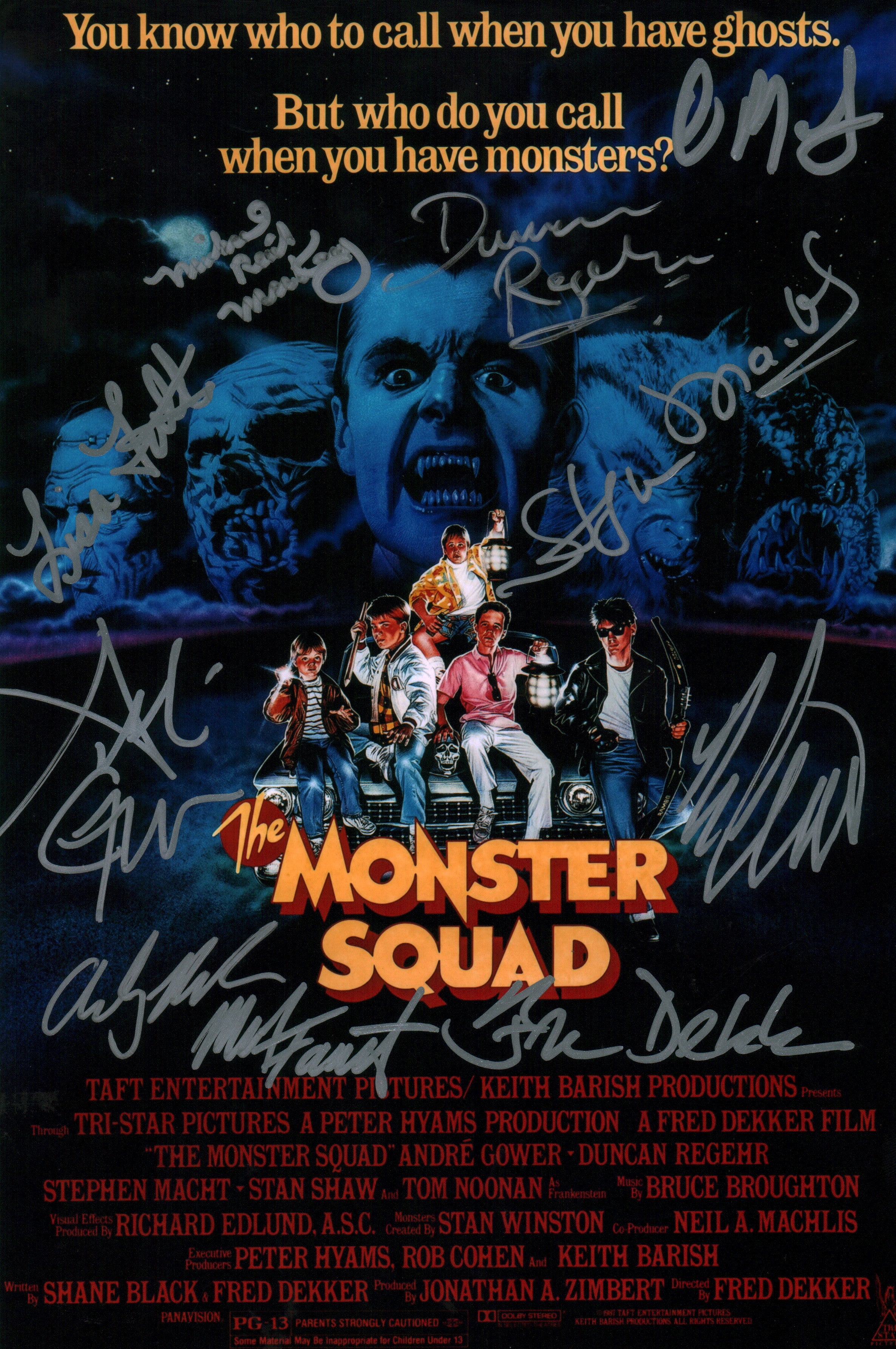 The Monster Squad 8x12 Photo Cast x10 Gower, Bank, Lambert, Regehr, Fuller, Thibault, Dekker, Macht, Faustino, Mackay Signed JSA Certified Autograph