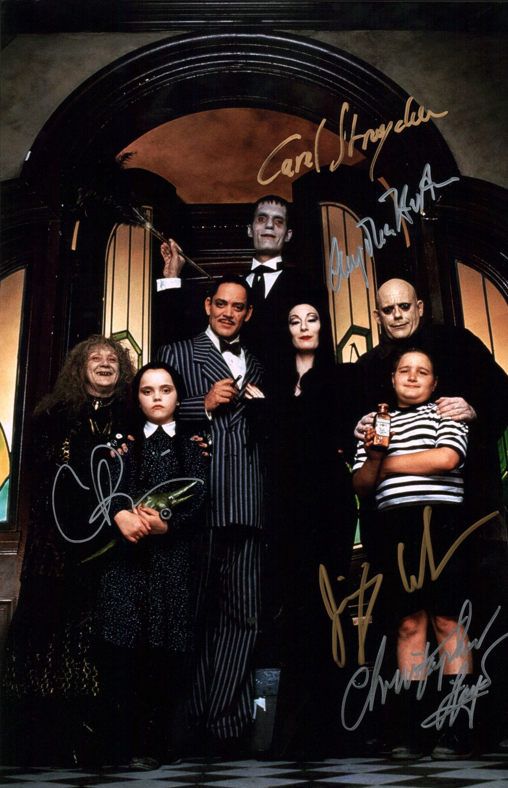 The Addams Family 11x17 Photo Poster Signed Ricci Lloyd Struycken Huston Workman Autograph JSA COA Certified Auto GalaxyCon
