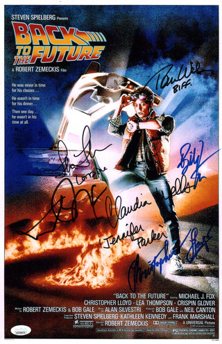 Back To The Future 11x17 Signed Mini Poster Cast x6 Fox, Lloyd, Thompson, Wilson, Wells, Zane JSA Certified Autograph