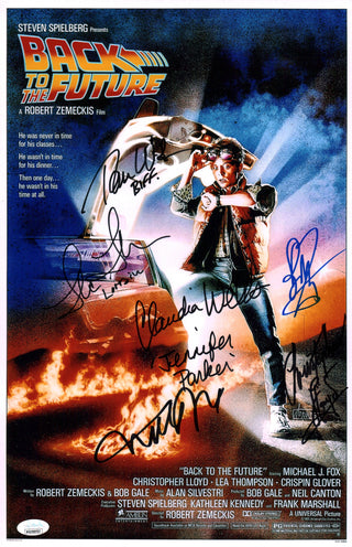 Back To The Future 11x17 Signed Mini Poster Cast x6 Fox, Lloyd, Thompson, Wilson, Wells, Zane JSA Certified Autograph