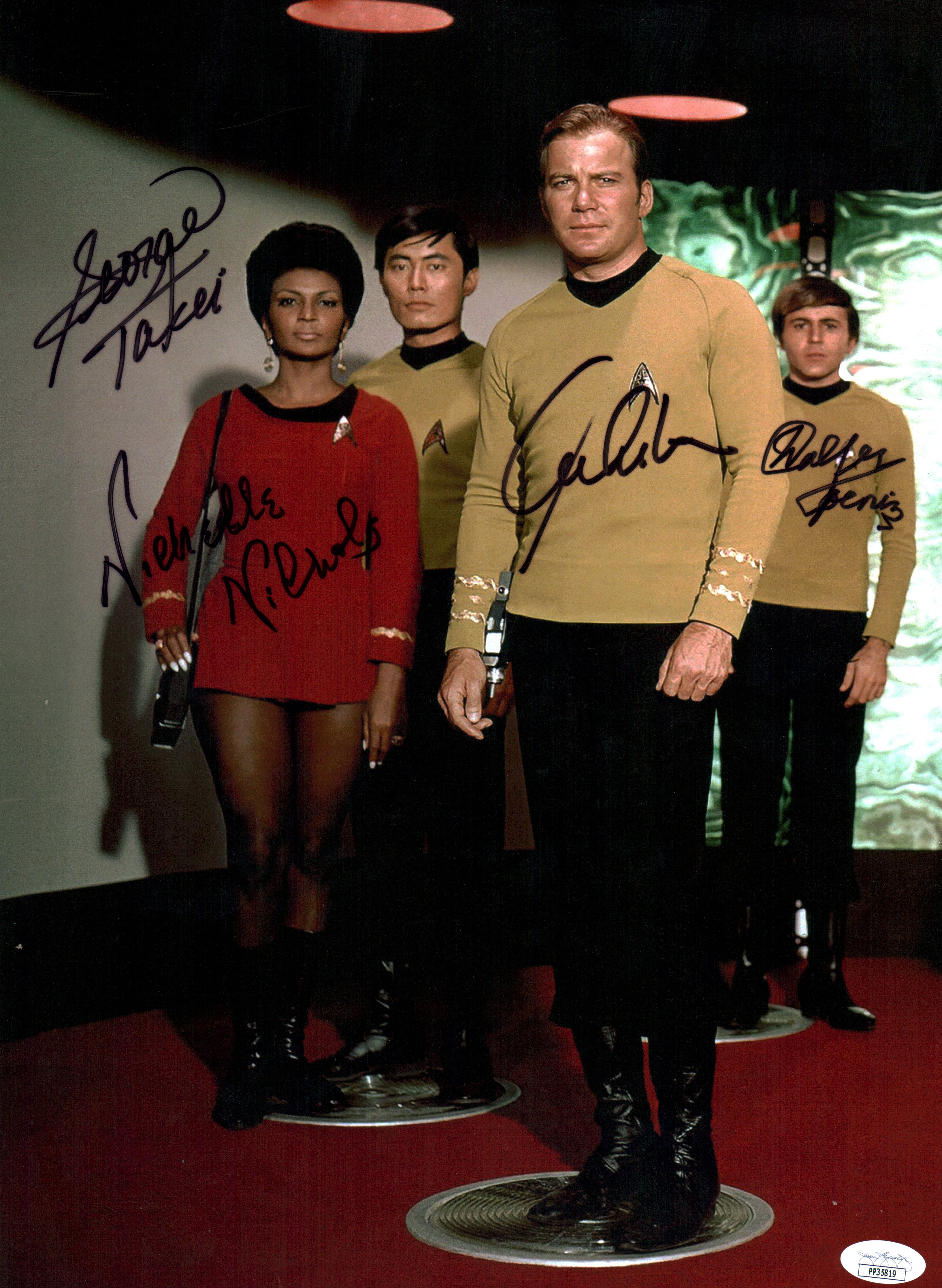Star Trek The Original Series 11x17 Mini Poster Cast x4 Signed Koenig Nichols Shatner Takei JSA Certified Autograph