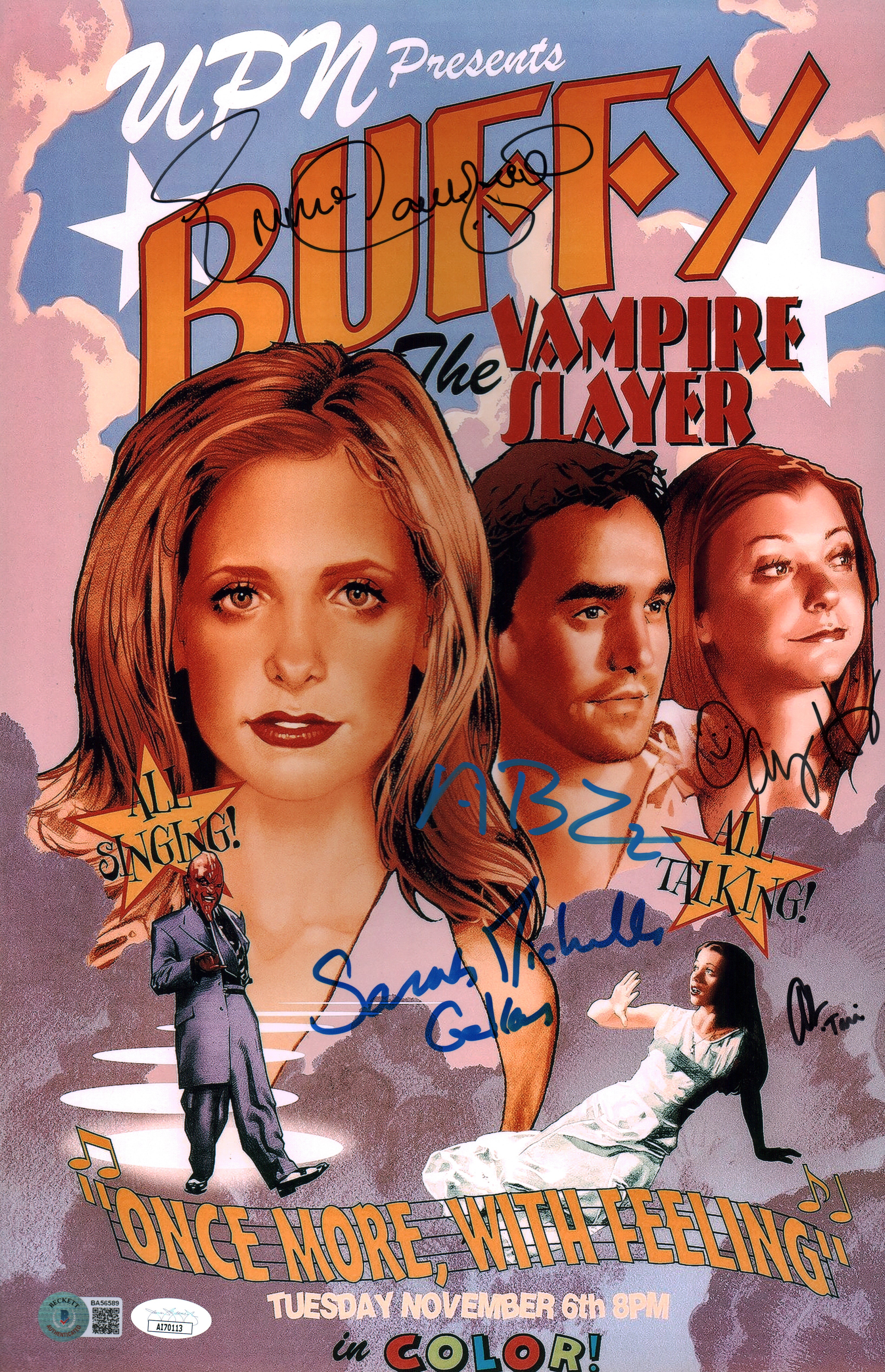 Buffy the Vampire Slayer 11x17 Photo Poster Cast x5 Signed Gellar Hannigan Caulfield Brendon Benson JSA Certified Autograph