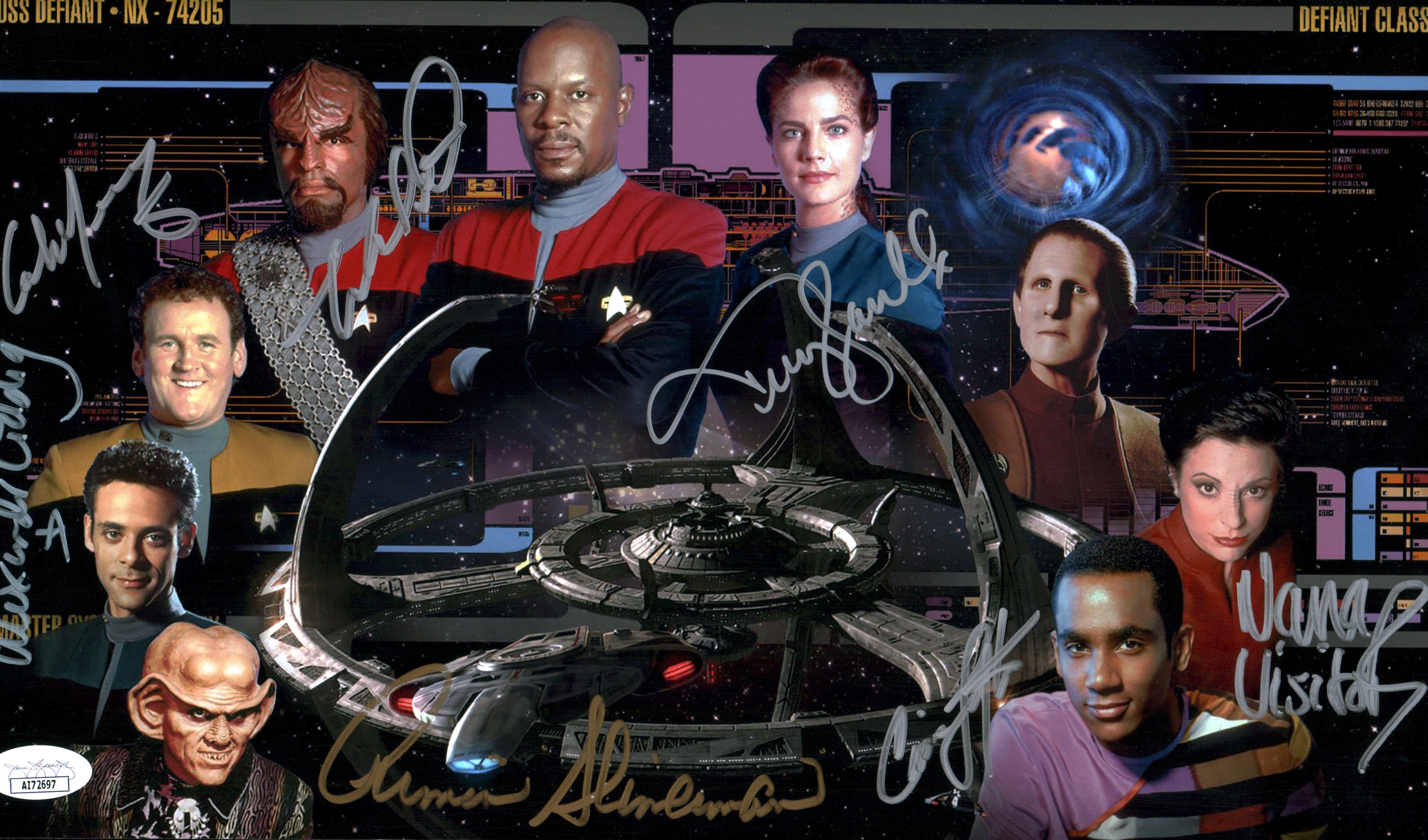 Star Trek: Deep Space Nine 8x14 Mini Poster Cast x7 Signed Dorn Farrell Lofton Shimerman Siddig Visitor JSA Certified Autograph