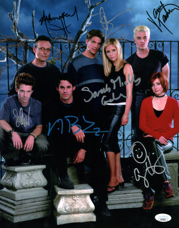 Buffy the Vampire Slayer 11x14 Mini Poster Cast x7 Signed Blucas Brendon Gellar Green Hannigan Head Marsters JSA Certified Autograph