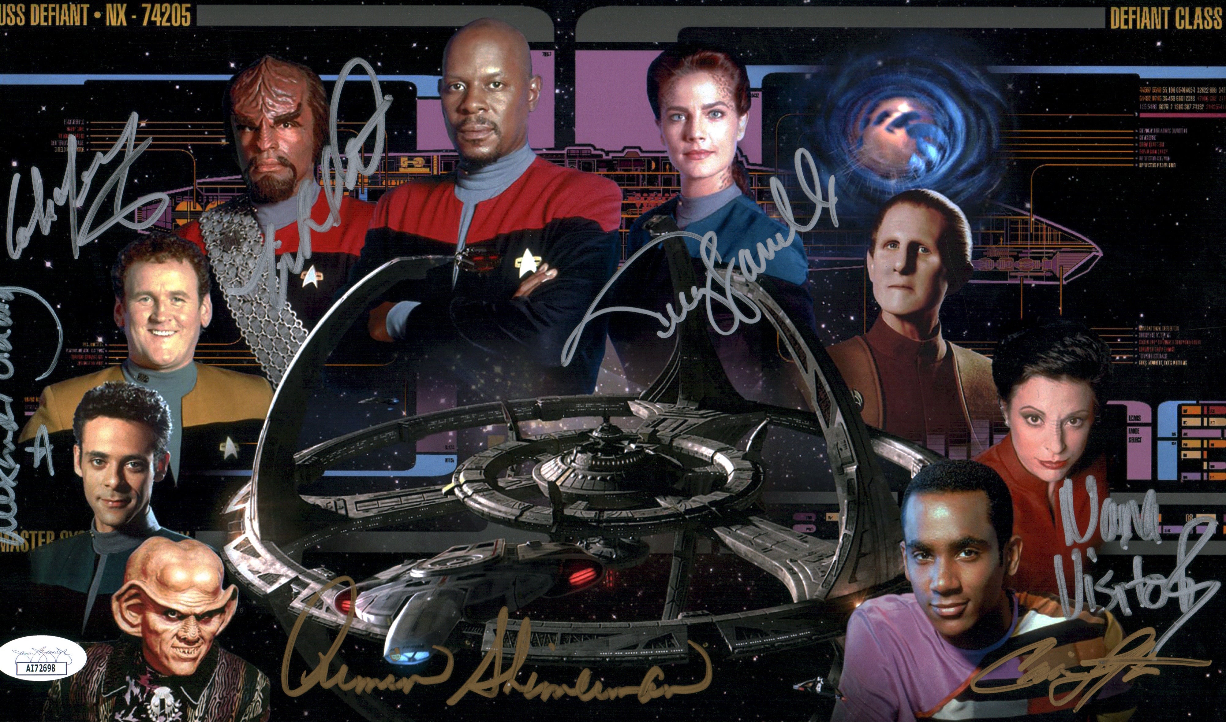 Star Trek: Deep Space Nine 8x14 Mini Poster Cast x7 Signed Dorn Farrell Lofton Shimerman Siddig Visitor JSA Certified Autograph