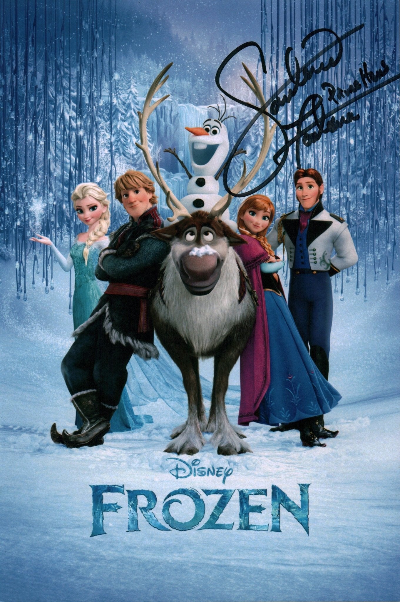 Promotional poster for Disney's 'Frozen' featuring animated characters in a snowy landscape.