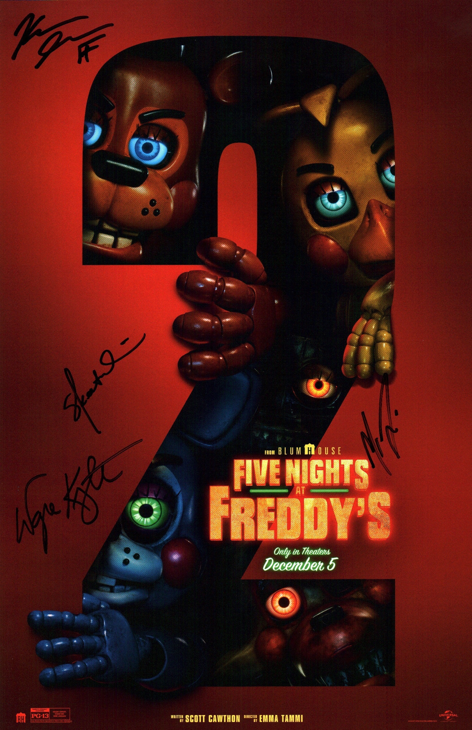 Five Nights at Freddy's 11x17 Photo Poster Cast x4 Lillard, Goff, Ulrich, Knight Signed Signed JSA Certified Autograph