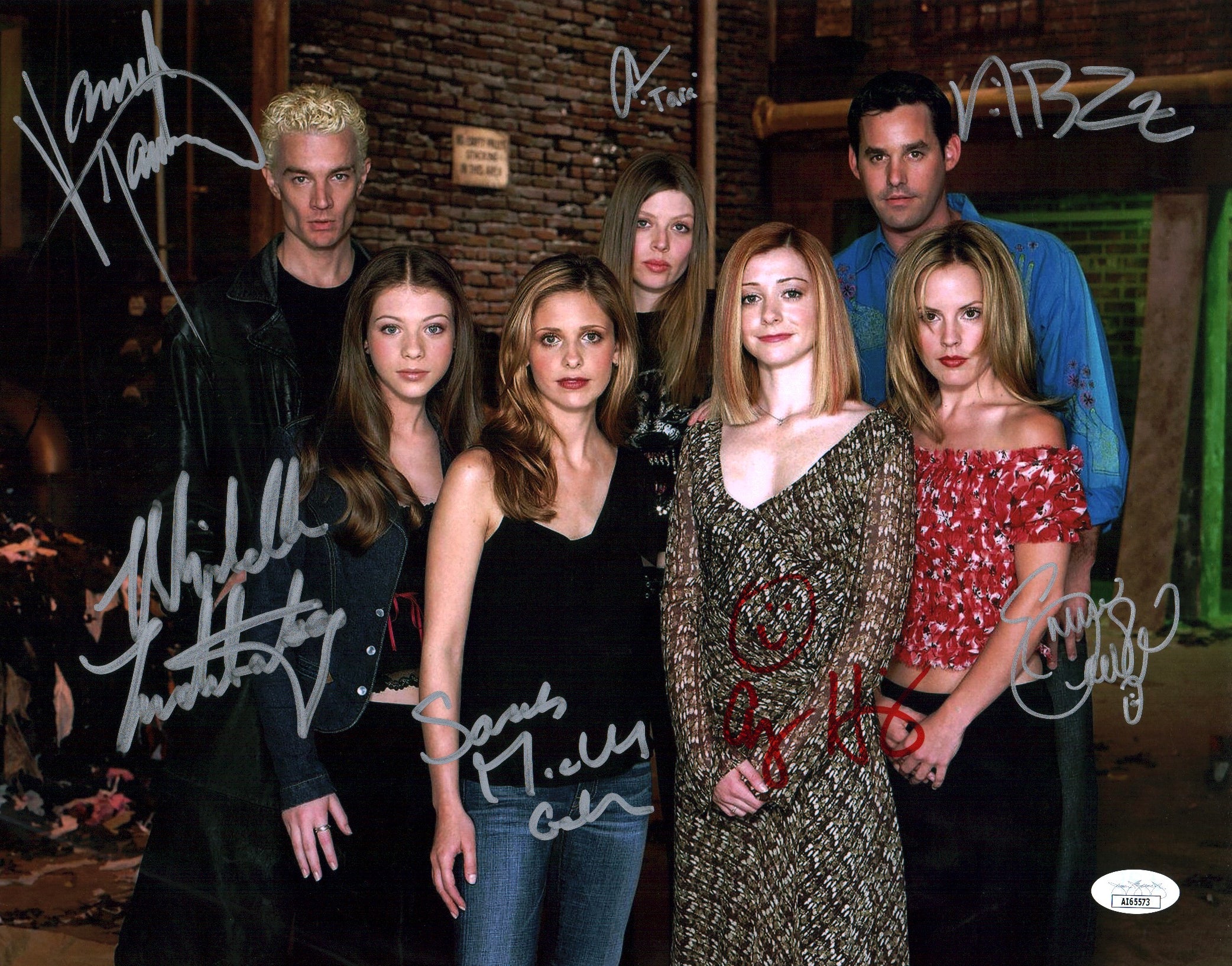 Buffy The Vampire Slayer 11x14 Photo Poster Cast x7 Signed Marsters Gellar Caulfield Hannigan Trachtenberg Benson Brendon JSA Certified Autograph