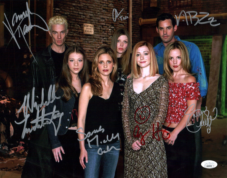 Buffy The Vampire Slayer 11x14 Photo Poster Cast x7 Signed Marsters Gellar Caulfield Hannigan Trachtenberg Benson Brendon JSA Certified Autograph