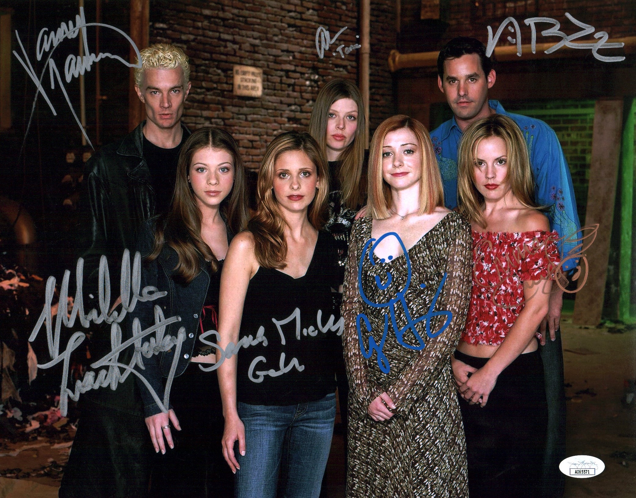 Buffy The Vampire Slayer 11x14 Photo Poster Cast x7 Signed Marsters Gellar Caulfield Hannigan Trachtenberg Benson Brendon JSA Certified Autograph