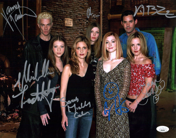 Buffy The Vampire Slayer 11x14 Photo Poster Cast x7 Signed Marsters Gellar Caulfield Hannigan Trachtenberg Benson Brendon JSA Certified Autograph