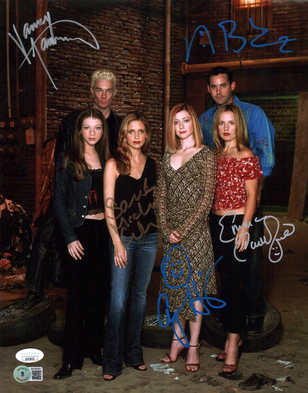Buffy The Vampire Slayer 11x14 Mini Poster Cast x5 Signed Marsters Gellar Caulfield Hannigan Brendon JSA Certified Autograph