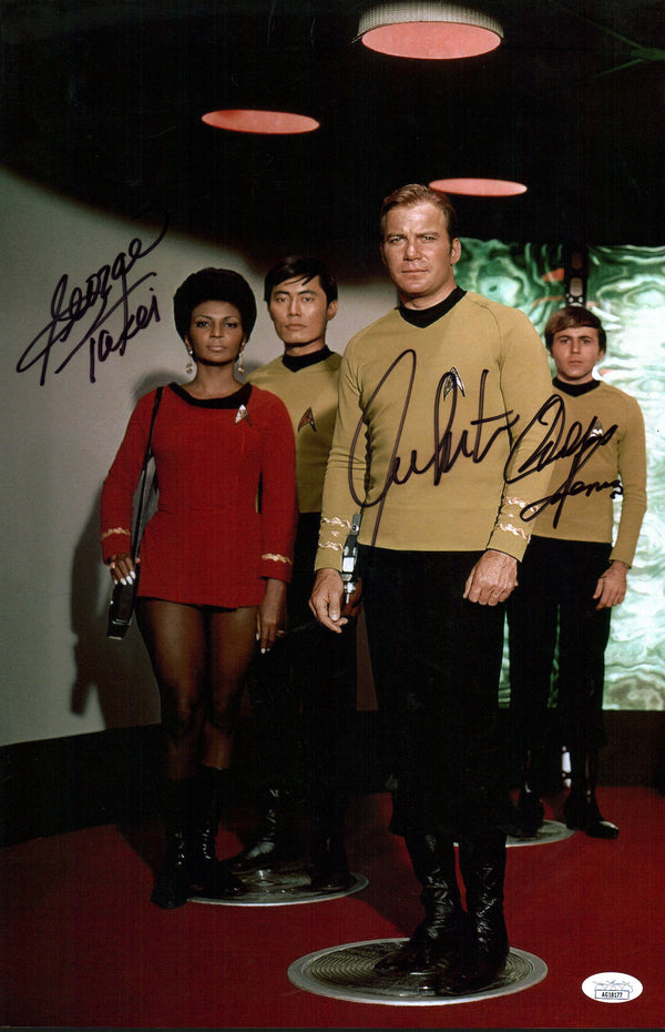 Star Trek 11X17 Mini Poster Cast x3 Signed Koenig Shatner Takei JSA Certified Autograph