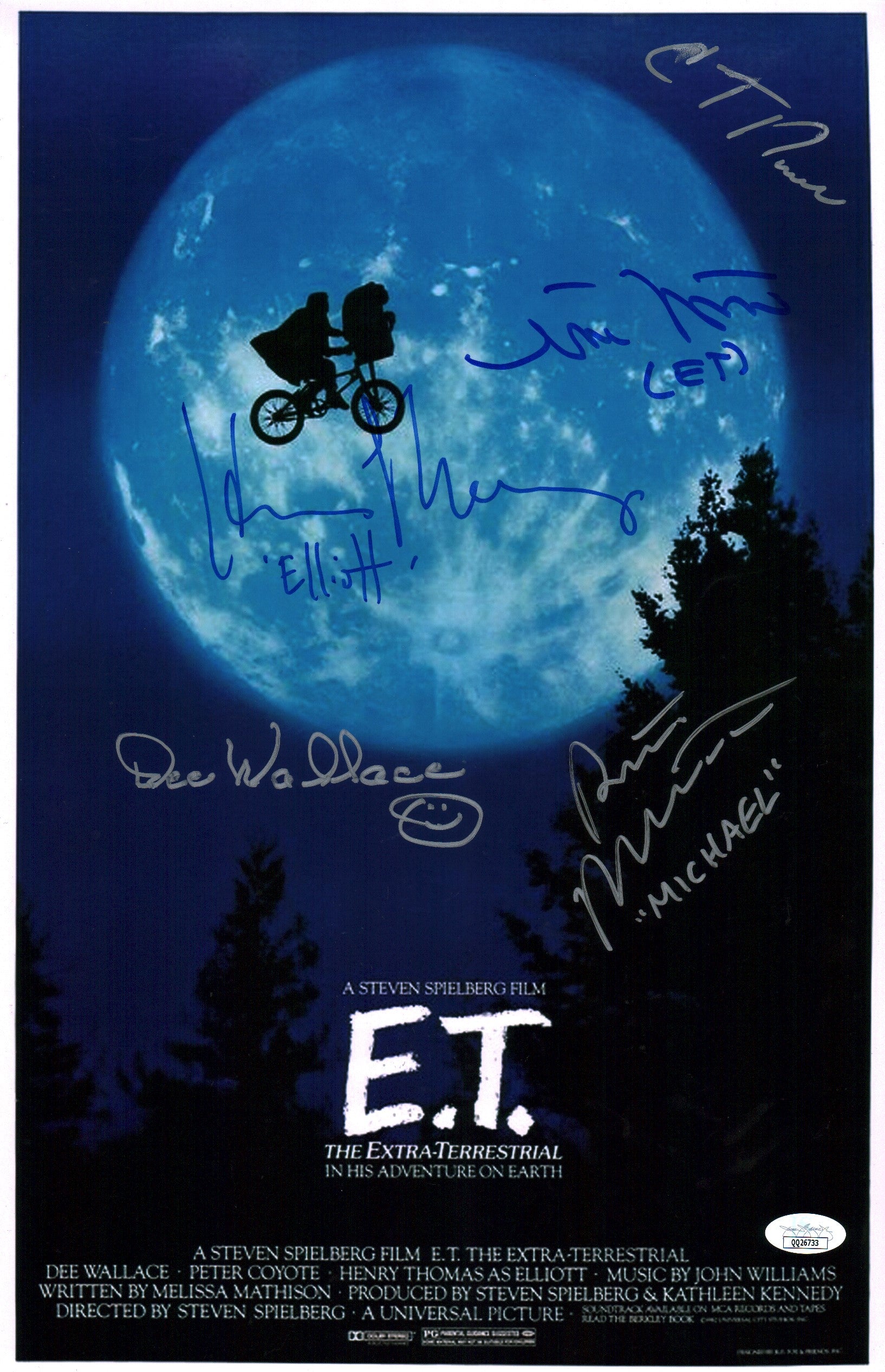 ET The Extra Terrestrial 11X17  Cast x5 DeMeritt Thomas Wallace MacNaughton Howell Signed Mini Poster JSA Certified Autograph