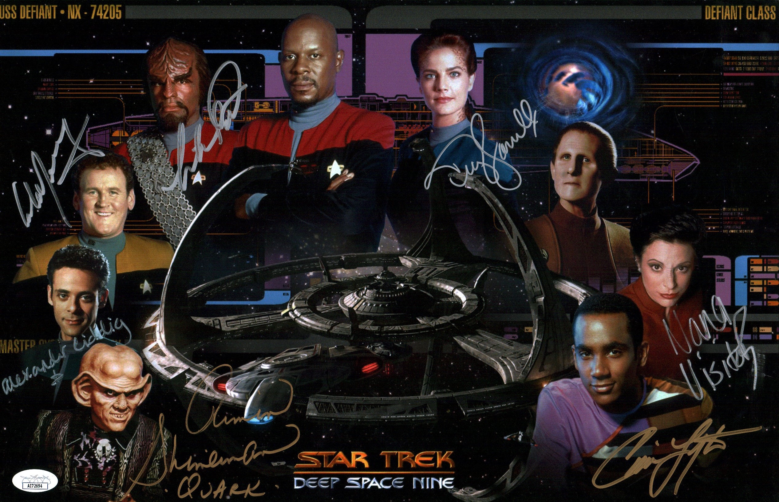 Star Trek: Deep Space Nine 11x17 Mini Poster Cast x7 Signed Dorn Farrell Lofton Meany Shimerman Siddig Visitor JSA Certified Autograph
