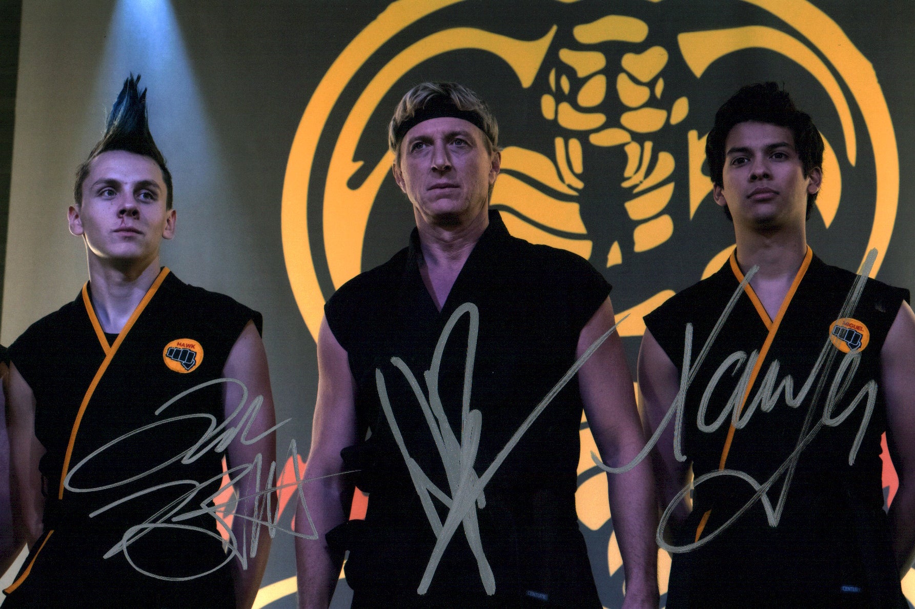 Cobra Kai 8x12 Photo Cast x3 Signed Zabka, Mariduena, Bertrand JSA Certified Autograph