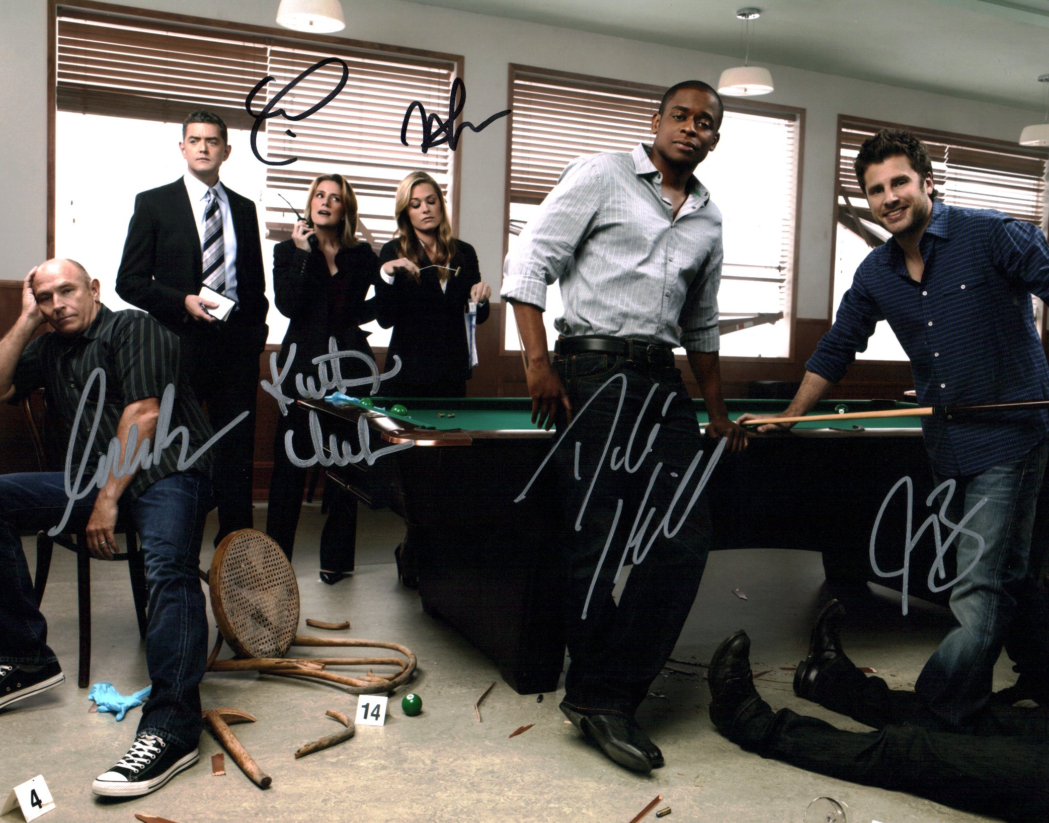 Psych 11x14 Photo Poster Cast x6 Signed Bernsen, Hill, Lawson, Nelson, Omundson, Rodriguez JSA Certified Autograph