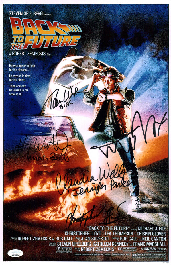 Back To The Future 11x17 Signed Cast x5 Photo Poster Fox Lloyd Wilson Waters Wells JSA Certified COA Autograph