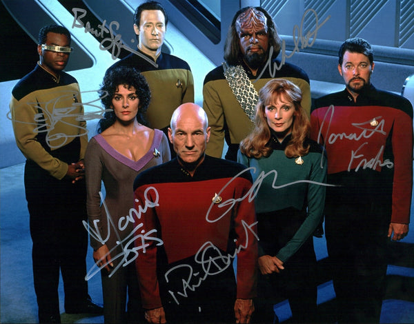 Star Trek: The Next Generation 11x14 Photo Poster Cast x7 Signed Burton Dorn Frakes McFadden Sirtis Spiner Stewart JSA Certified Autograph