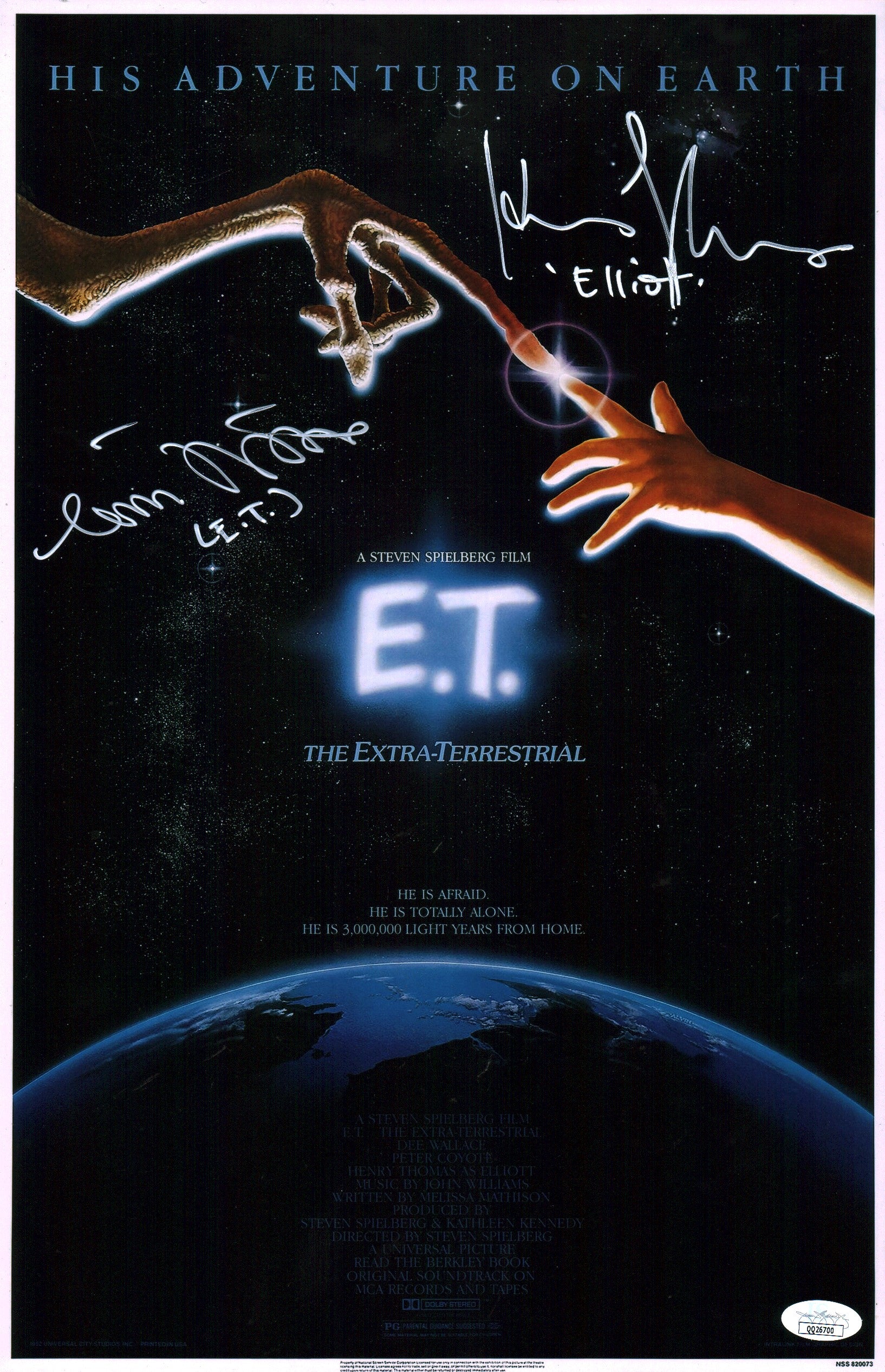 ET The Extra Terrestrial 11x17 Signed Mini Poster Cast x2 DeMerrit, Thomas JSA Certified Autograph