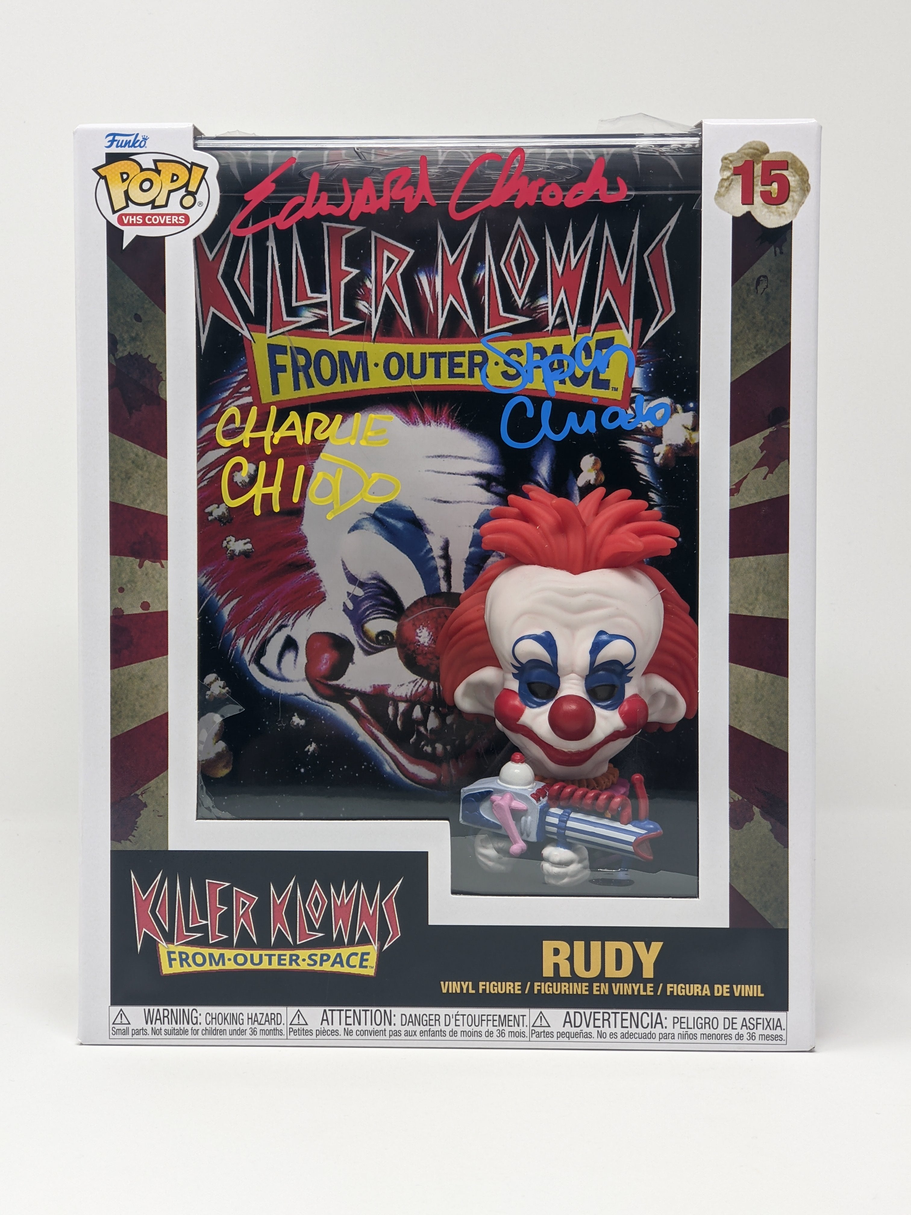 Killer Klowns From Outer Space Rudy #15 Funko Pop! VHS Cover Cast x3 Signed Chiodo Brothers JSA Certified Autograph