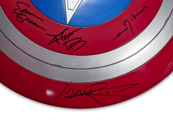 24 inch Captain America Premium Role Play Shield Cast x8 Signed Bettany, Cox, D'Onofrio, Rooker, Gunn, Strong, Marquand, Lilly JSA Certified Autograph