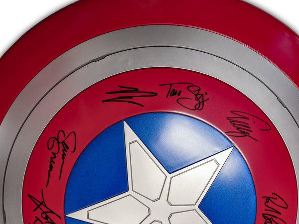 24 inch Captain America Premium Role Play Shield Cast x8 Signed Bettany, Cox, D'Onofrio, Rooker, Gunn, Strong, Marquand, Lilly JSA Certified Autograph