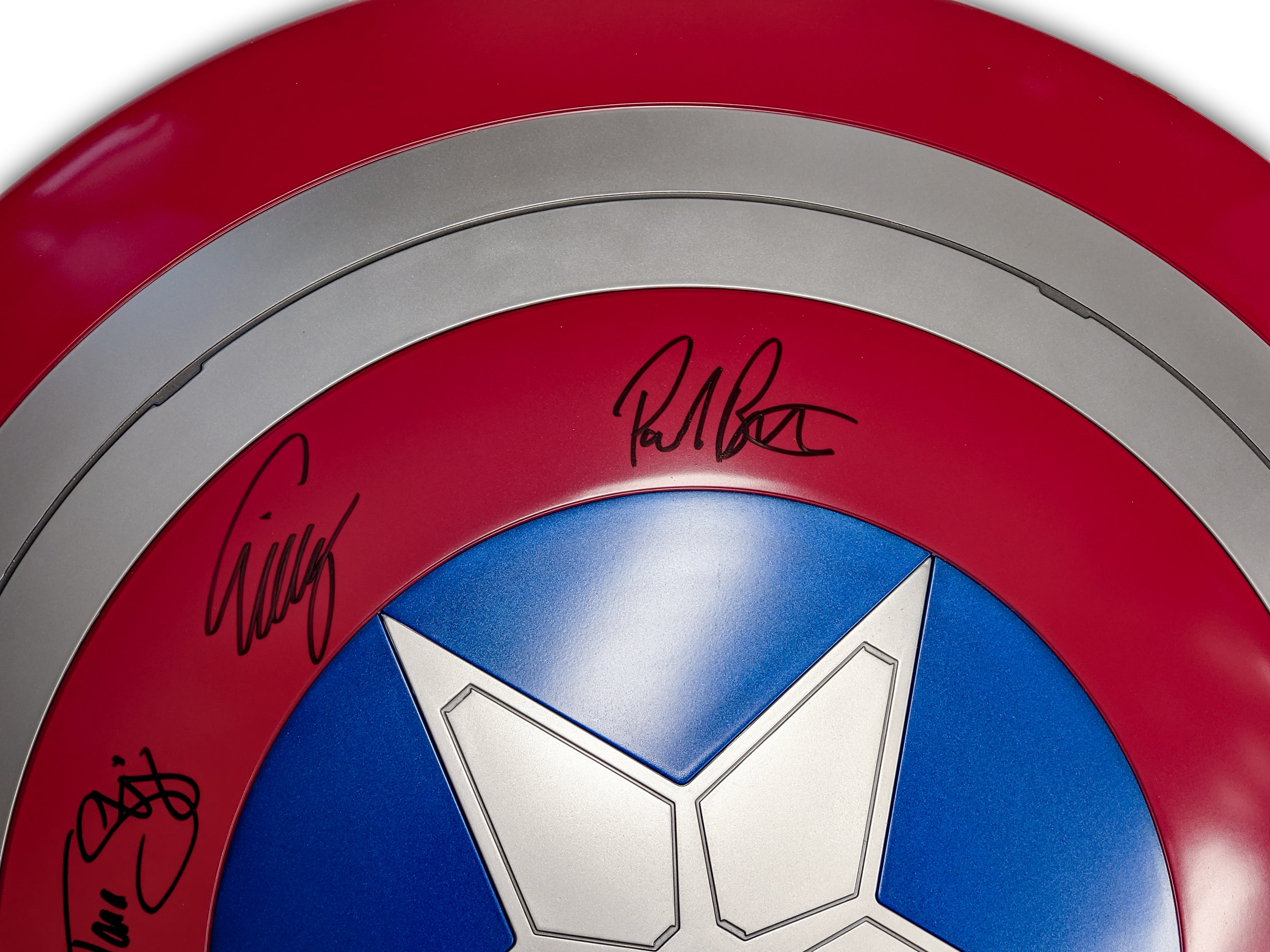 24 inch Captain America Premium Role Play Shield Cast x8 Signed Bettany, Cox, D'Onofrio, Rooker, Gunn, Strong, Marquand, Lilly JSA Certified Autograph