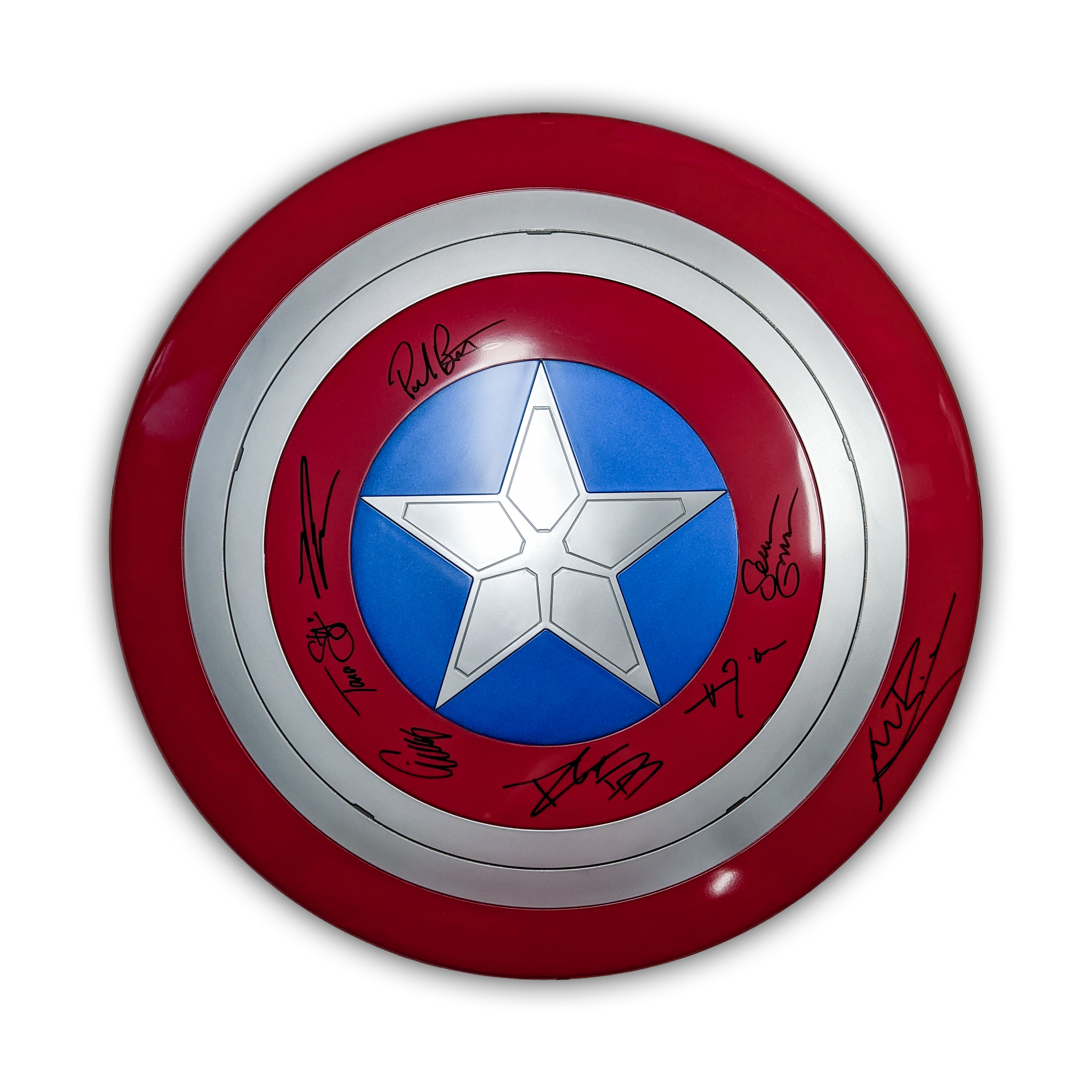 24 inch Captain America Premium Role Play Shield Cast x8 Signed Bettany, Cox, D'Onofrio, Rooker, Gunn, Strong, Marquand, Lilly JSA Certified Autograph