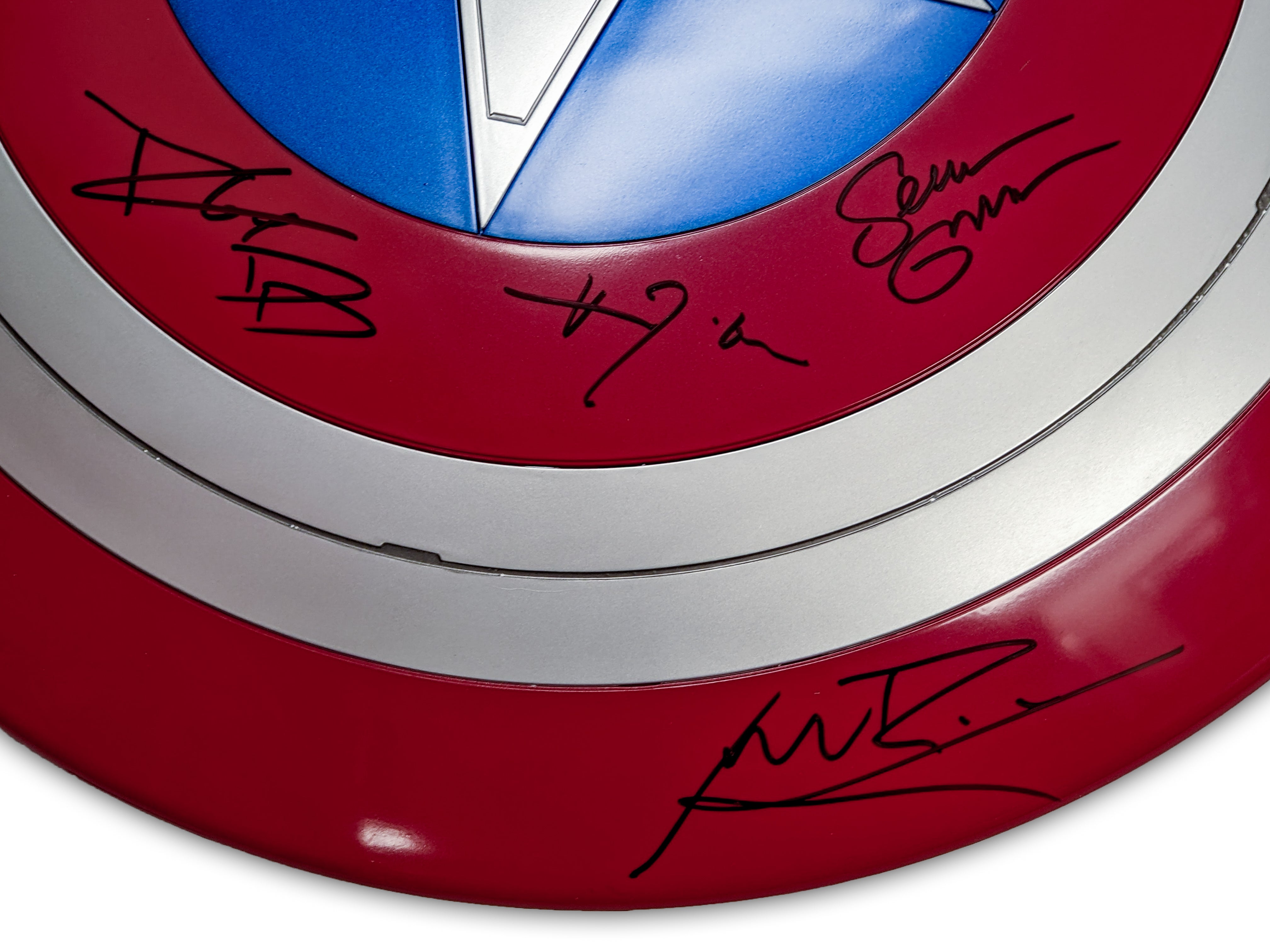 24 inch Captain America Premium Role Play Shield Cast x8 Signed Bettany, Cox, D'Onofrio, Rooker, Gunn, Strong, Marquand, Lilly JSA Certified Autograph