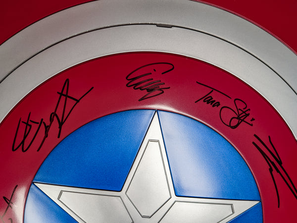 24 inch Captain America Premium Role Play Shield Cast x8 Signed Bettany, Cox, D'Onofrio, Rooker, Gunn, Strong, Marquand, Lilly JSA Certified Autograph