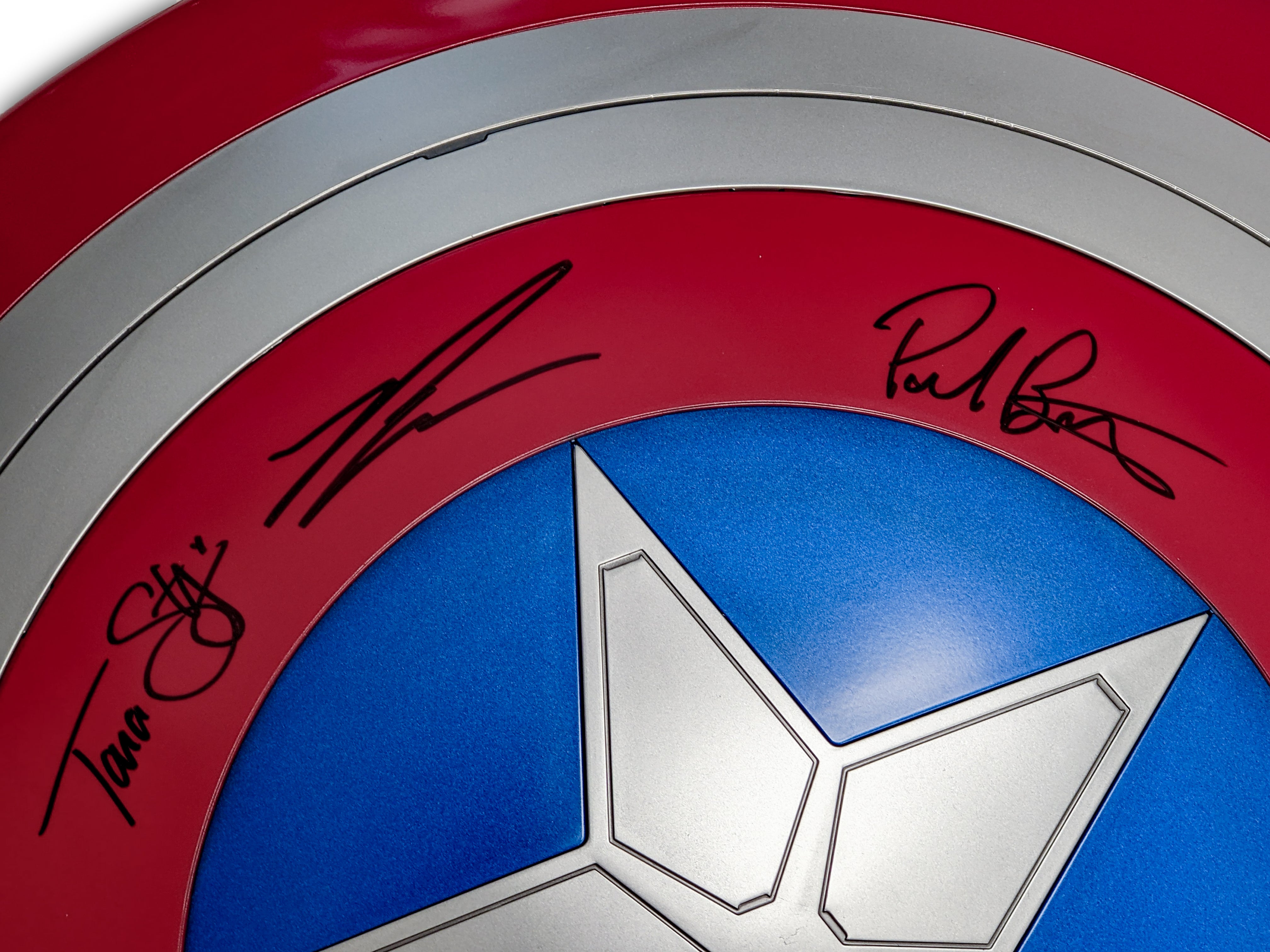 24 inch Captain America Premium Role Play Shield Cast x8 Signed Bettany, Cox, D'Onofrio, Rooker, Gunn, Strong, Marquand, Lilly JSA Certified Autograph