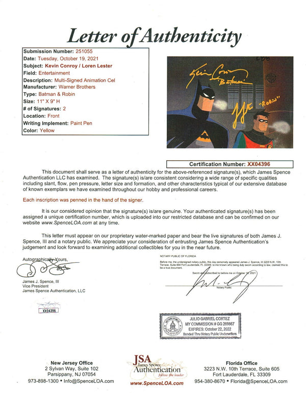 Batman 11" x 9" Signed Animation Production Cel Cast x 2 Signed Conroy, Lester JSA LOA Certified Autograph