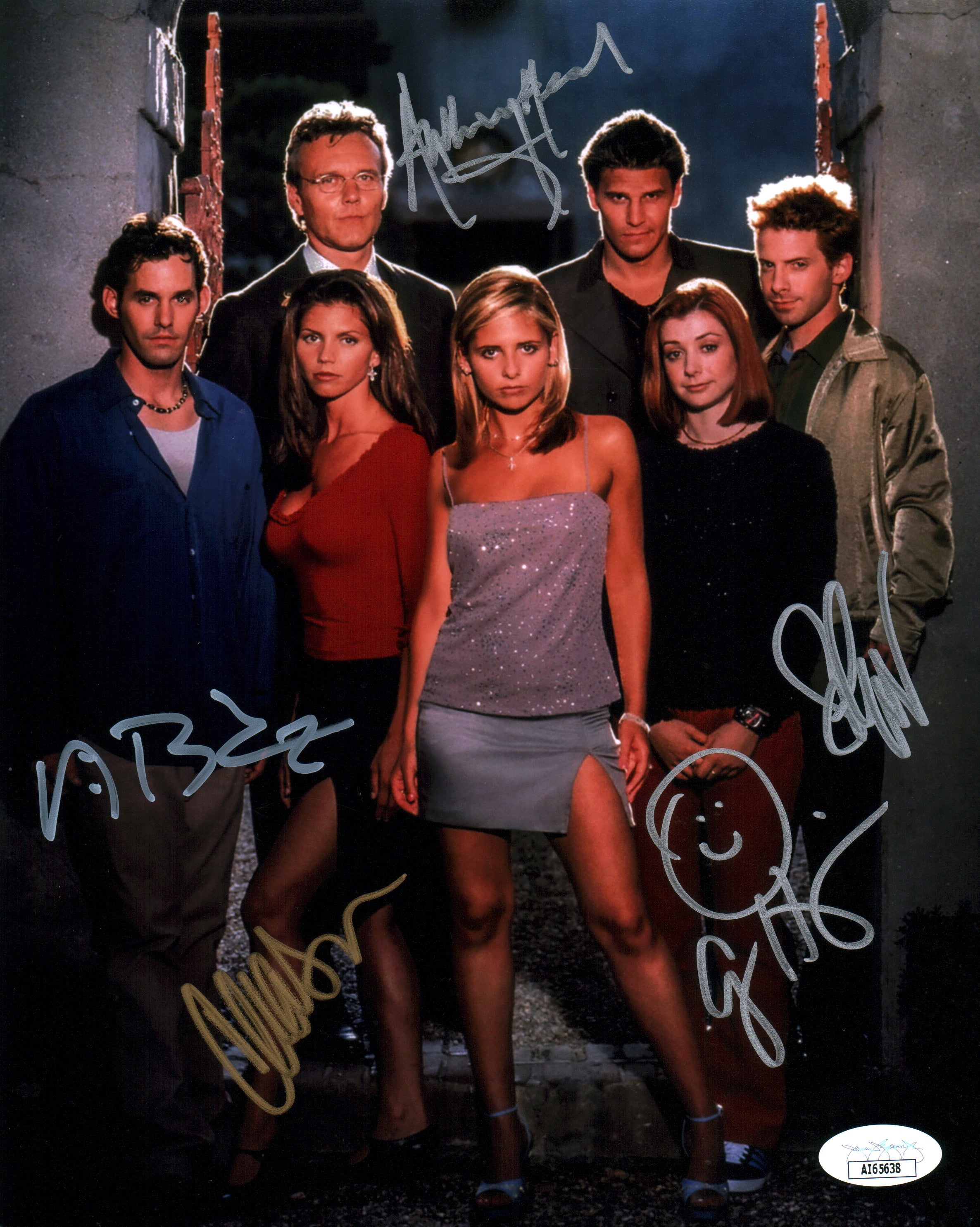 Buffy the Vampire Slayer 8x10 Signed Photo Cast x5 Brendon, Carpenter, Green, Hannigan, Head JSA Certified Autograph